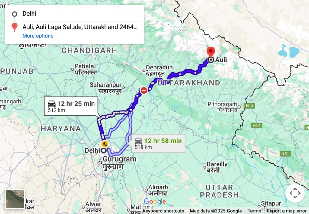 distance from delhi to auli, how to reach auli by road, train and flight